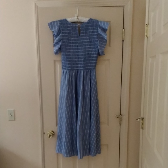 Simple Blue Striped Smocked Dress with Flutter Sleeves - Picture 3 of 6